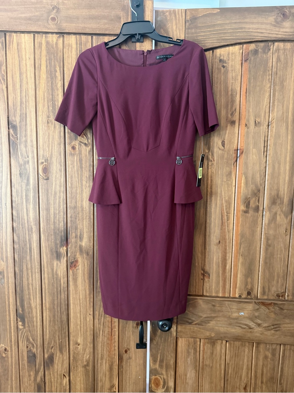 ANTONIO MELANI Wine Peplum Midi Sheath Dress
